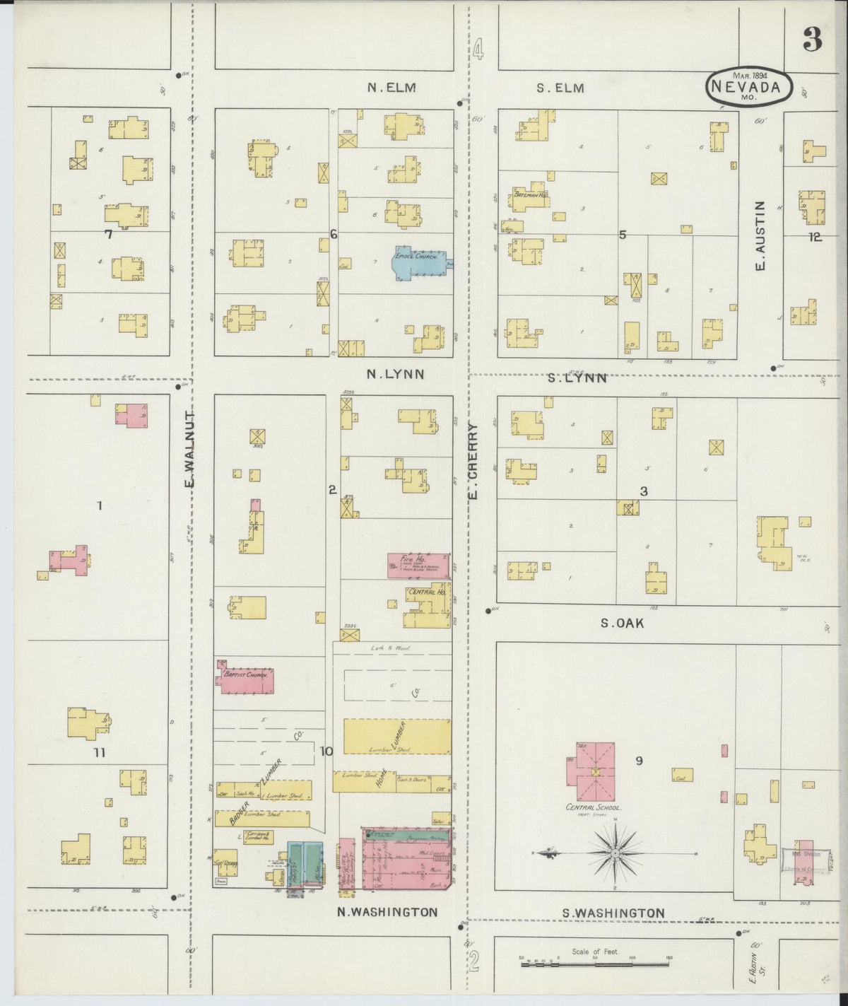 Sanborn Fire Insurance Map from Nevada, Vernon County, Missouri (1894), Sheet #0003 - Historic Sanborn Fire Insurance Map Print, vintage old map wall art, antique decor, genealogy gift, Nevada Nevada map
