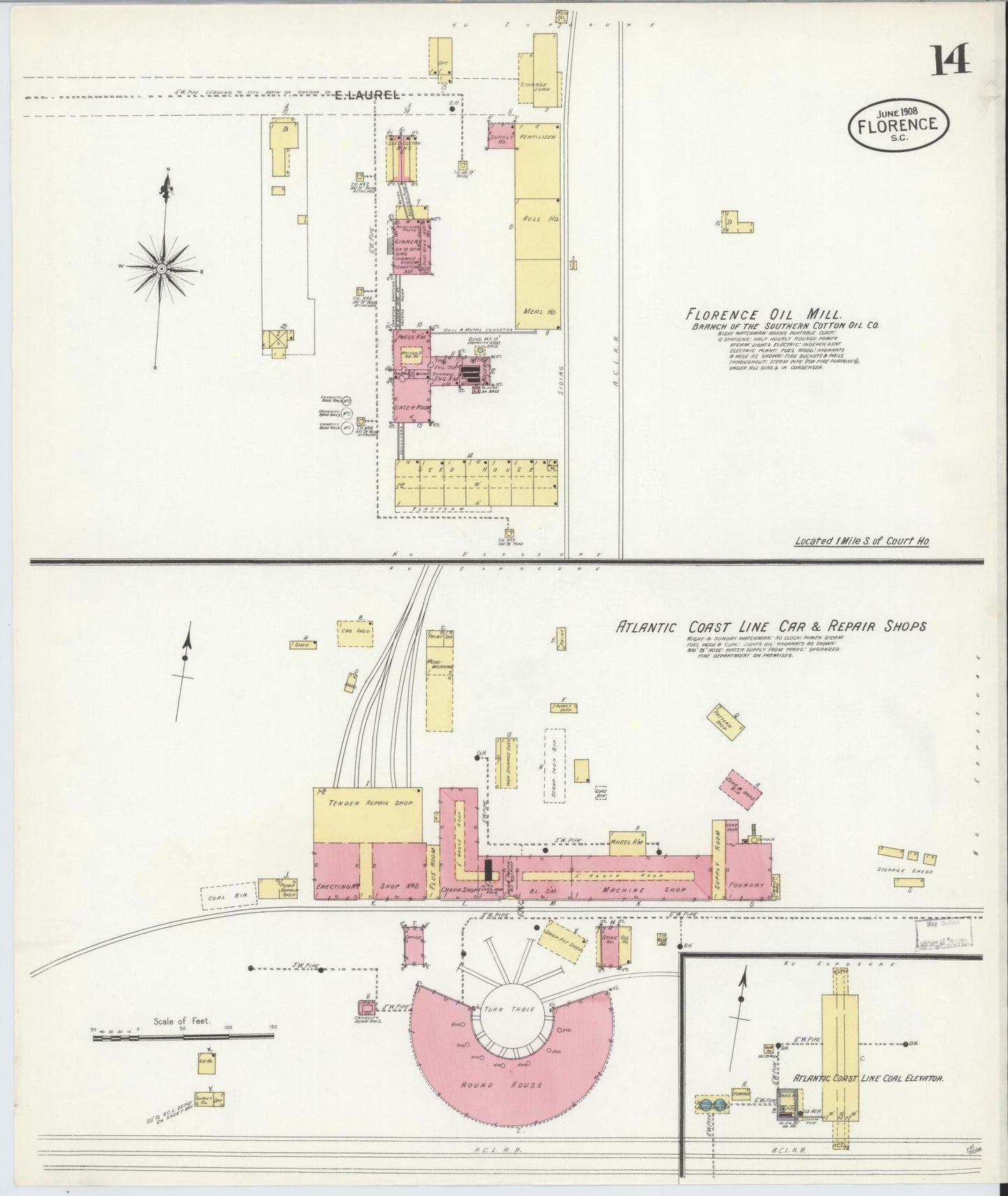 Sanborn Fire Insurance Map from Florence, Florence County, South Carolina (1908), Sheet #0014 - Complete Map Set gallery image, historic Sanborn map, vintage wall art, South Carolina South Carolina