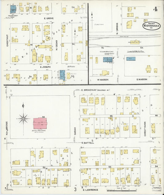 Sanborn Fire Insurance Map from Mishawaka, Saint Joseph County, Indiana (1907), Sheet #0004 - Historic Sanborn Fire Insurance Map Print, vintage old map wall art, antique decor, genealogy gift, Indiana Indiana map