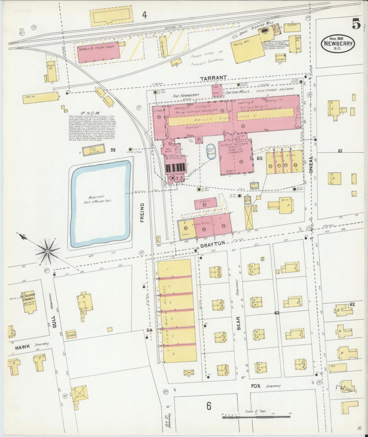 Sanborn Fire Insurance Map from Newberry, Newberry County, South Carolina (1905), Sheet #0005 - Historic Sanborn Fire Insurance Map Print, vintage old map wall art, antique decor, genealogy gift, South Carolina South Carolina map