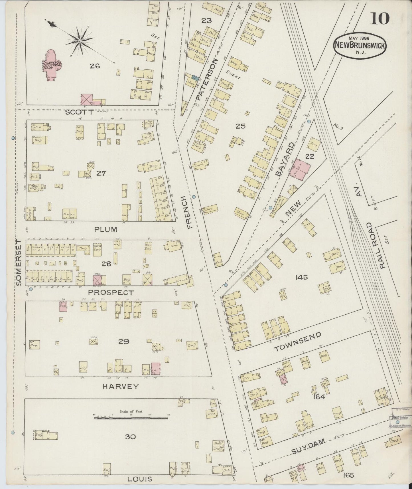 Sanborn Fire Insurance Map from New Brunswick, Middlesex County, New Jersey (1886), Sheet #0010 - Historic Sanborn Fire Insurance Map Print, vintage old map wall art, antique decor, genealogy gift, New Jersey New Jersey map
