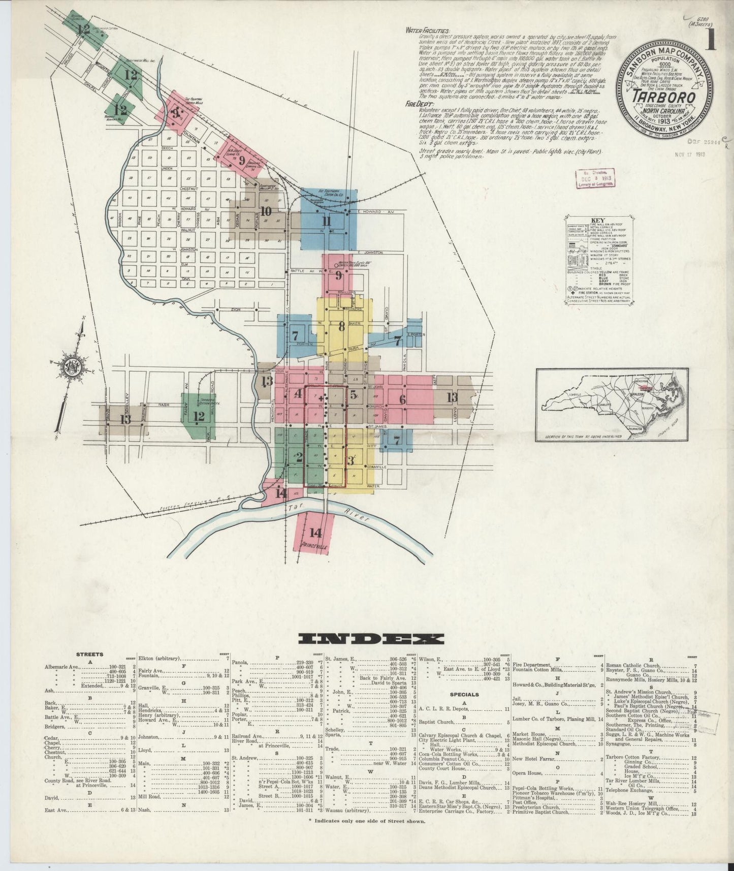 Sanborn Fire Insurance Map from Tarboro, Edgecombe County, North Carolina (1913), Sheet #0001 - Historic Sanborn Fire Insurance Map Print, vintage old map wall art, antique decor, genealogy gift, North Carolina North Carolina map