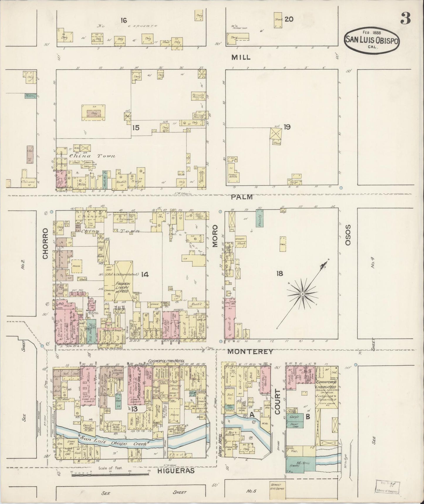 Sanborn Fire Insurance Map from San Luis Obispo, San Luis Obispo County, California (1888), Sheet #0003 - Complete Map Set gallery image, historic Sanborn map, vintage wall art, California California