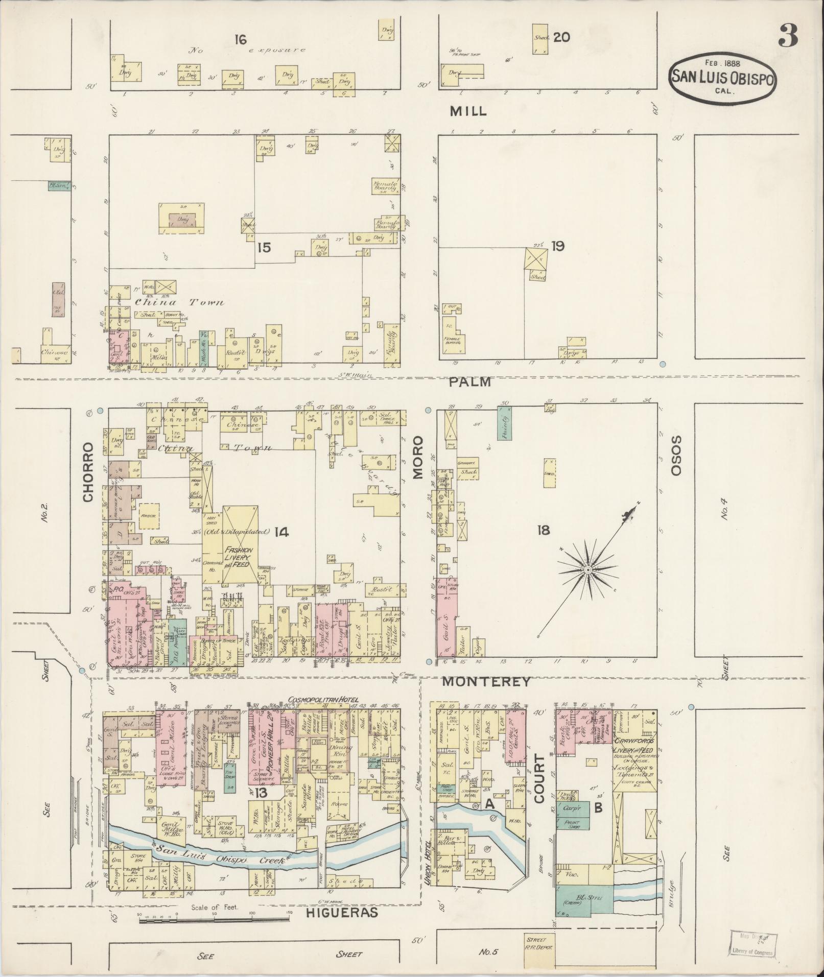 Sanborn Fire Insurance Map from San Luis Obispo, San Luis Obispo County, California (1888), Sheet #0003 - Complete Map Set gallery image, historic Sanborn map, vintage wall art, California California