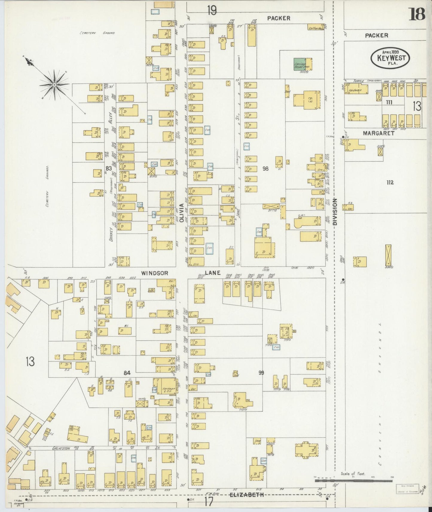 Sanborn Fire Insurance Map from Key West, Monroe County, Florida (1899), Sheet #0018 - Historic Sanborn Fire Insurance Map Print, vintage old map wall art, antique decor, genealogy gift, Florida Florida map