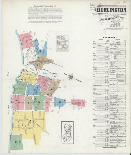 Sanborn Fire Insurance Map from Burlington, Burlington County, New Jersey (1915), Sheet #0001 - Historic Sanborn Fire Insurance Map Print, vintage old map wall art, antique decor, genealogy gift, New Jersey New Jersey map