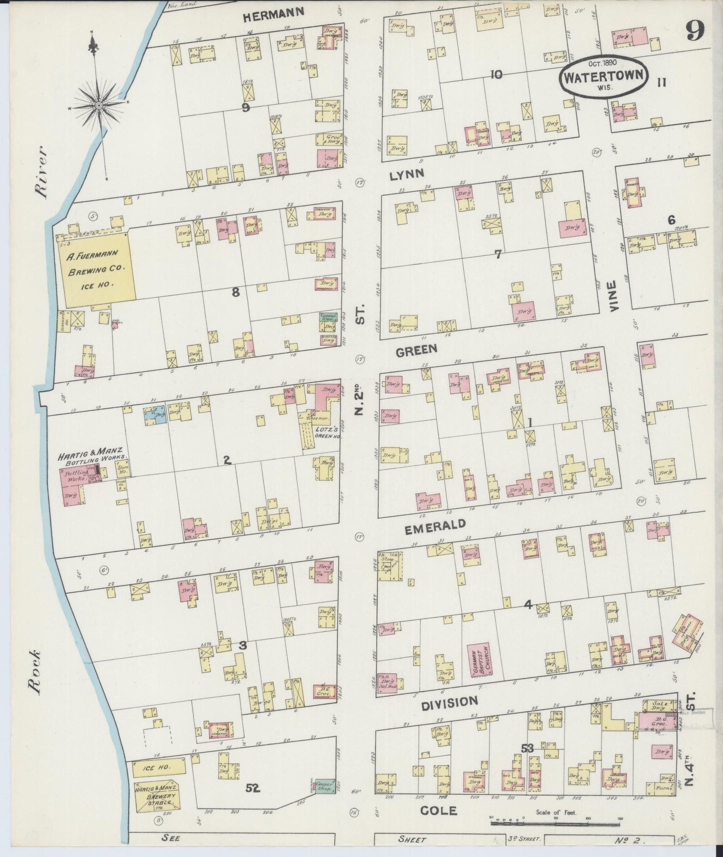Sanborn Fire Insurance Map from Watertown, Jefferson County, Wisconsin (1890), Sheet #0009 - Complete Map Set gallery image, historic Sanborn map, vintage wall art, Wisconsin Wisconsin