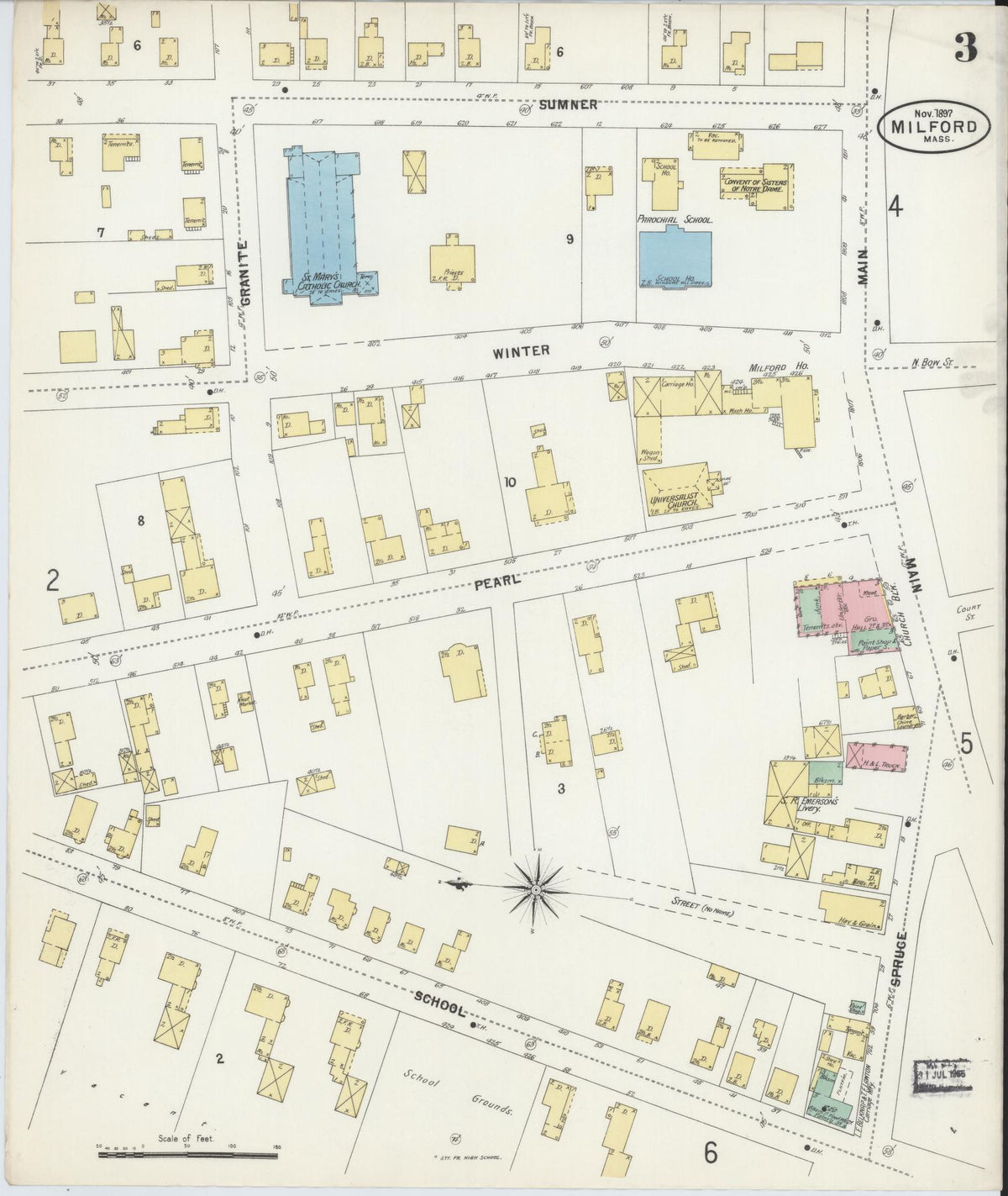 Sanborn Fire Insurance Map from Milford, Worcester County, Massachusetts (1897), Sheet #0003 - Historic Sanborn Fire Insurance Map Print, vintage old map wall art, antique decor, genealogy gift, Massachusetts Massachusetts map
