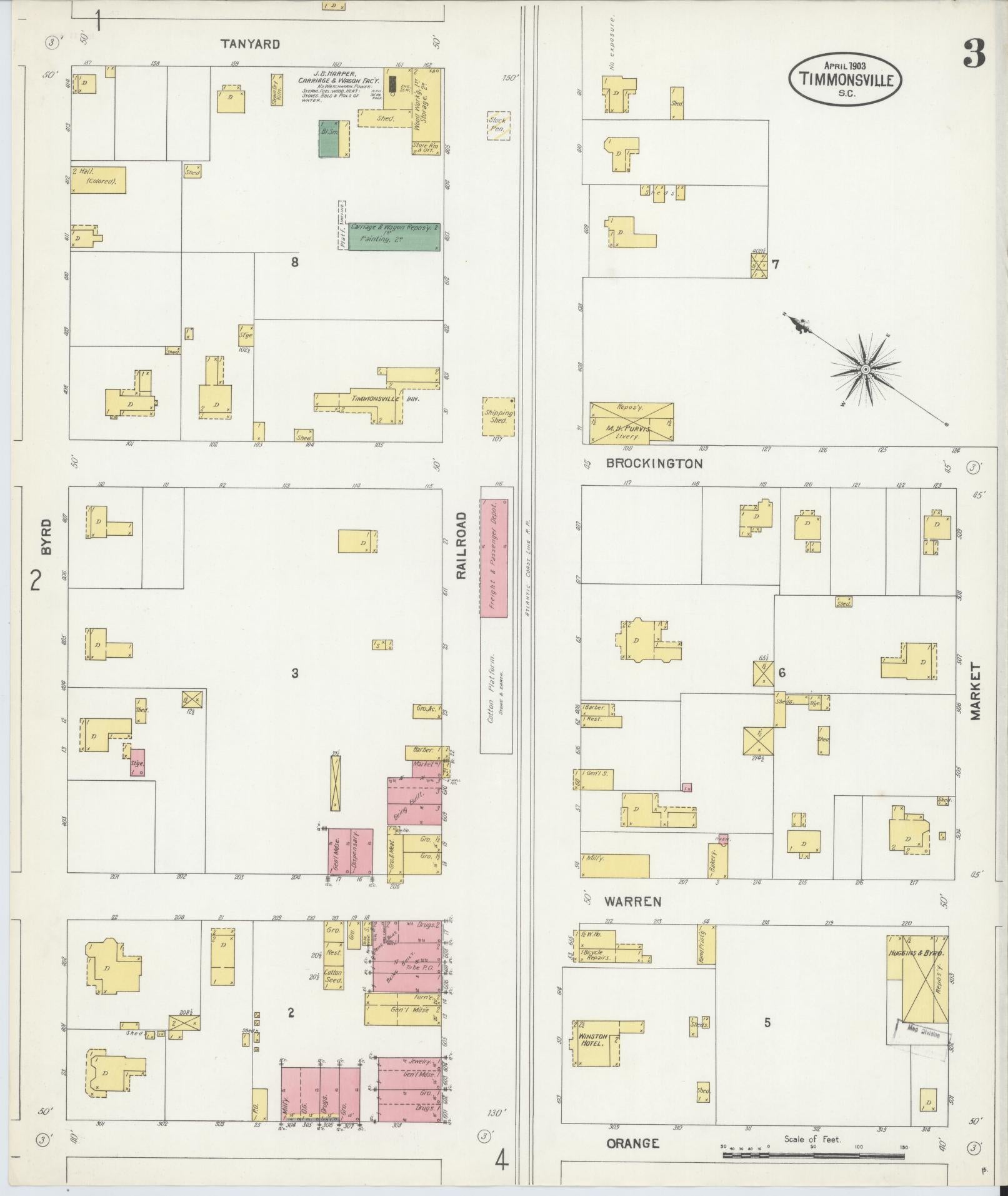 Sanborn Fire Insurance Map from Timmonsville, Florence County, South Carolina (1903), Sheet #0003 - Complete Map Set gallery image, historic Sanborn map, vintage wall art, South Carolina South Carolina
