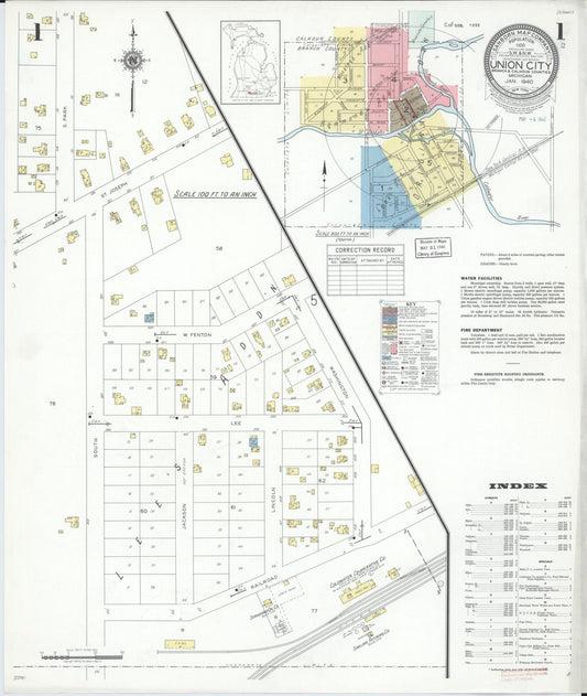 Sanborn Fire Insurance Map from Union City, Branch And Calhoun Counties, Michigan (1940), Sheet #0001 - Complete Map Set gallery image, historic Sanborn map, vintage wall art, Michigan Michigan