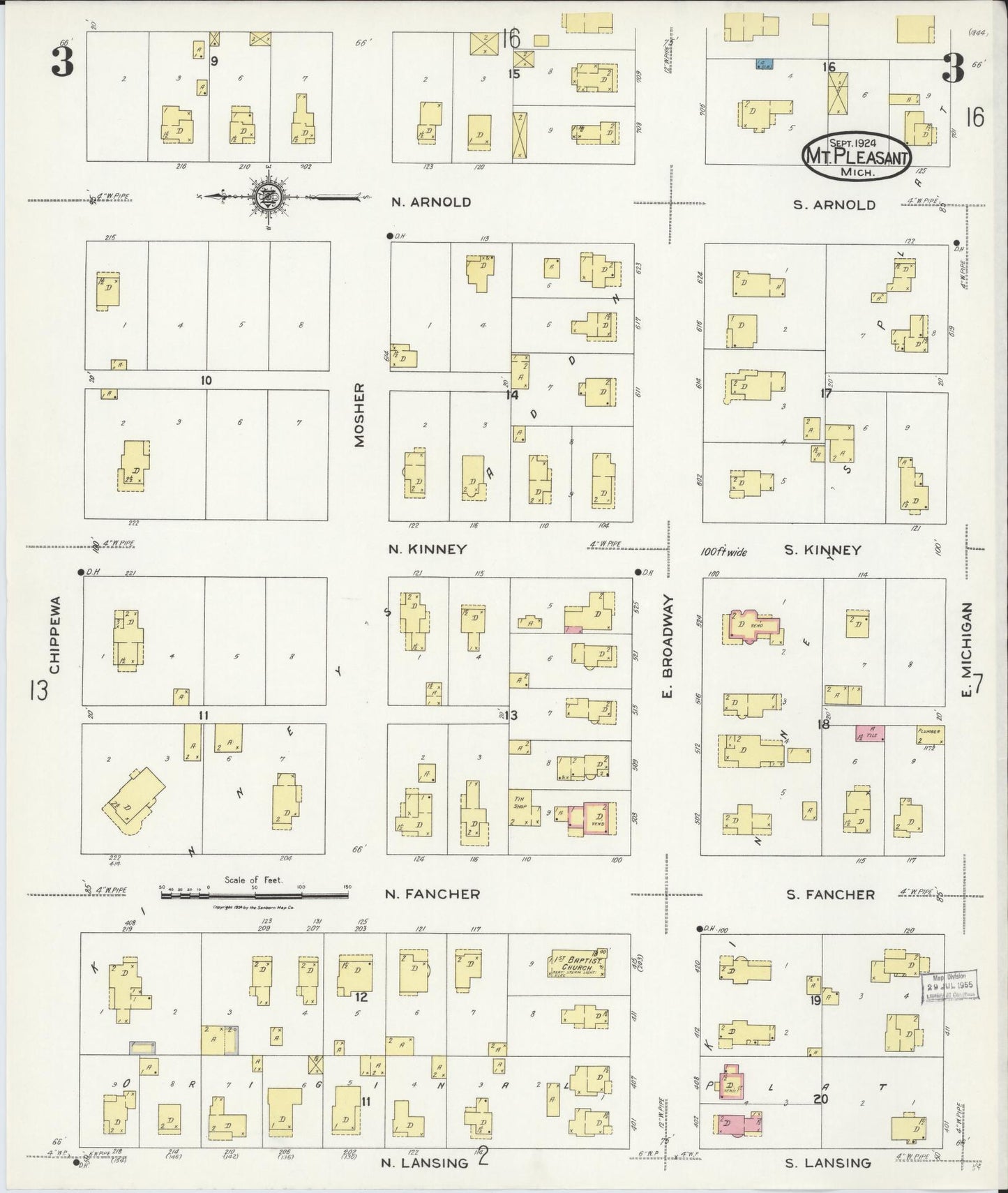 Sanborn Fire Insurance Map from Mount Pleasant, Isabella County, Michigan (1924), Sheet #0003 - Complete Map Set gallery image, historic Sanborn map, vintage wall art, Michigan Michigan