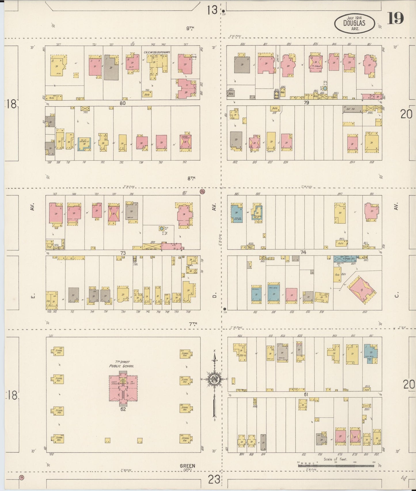 Sanborn Fire Insurance Map from Douglas, Cochise County, Arizona (1914), Sheet #0019 - Historic Sanborn Fire Insurance Map Print, vintage old map wall art, antique decor, genealogy gift, Arizona Arizona map