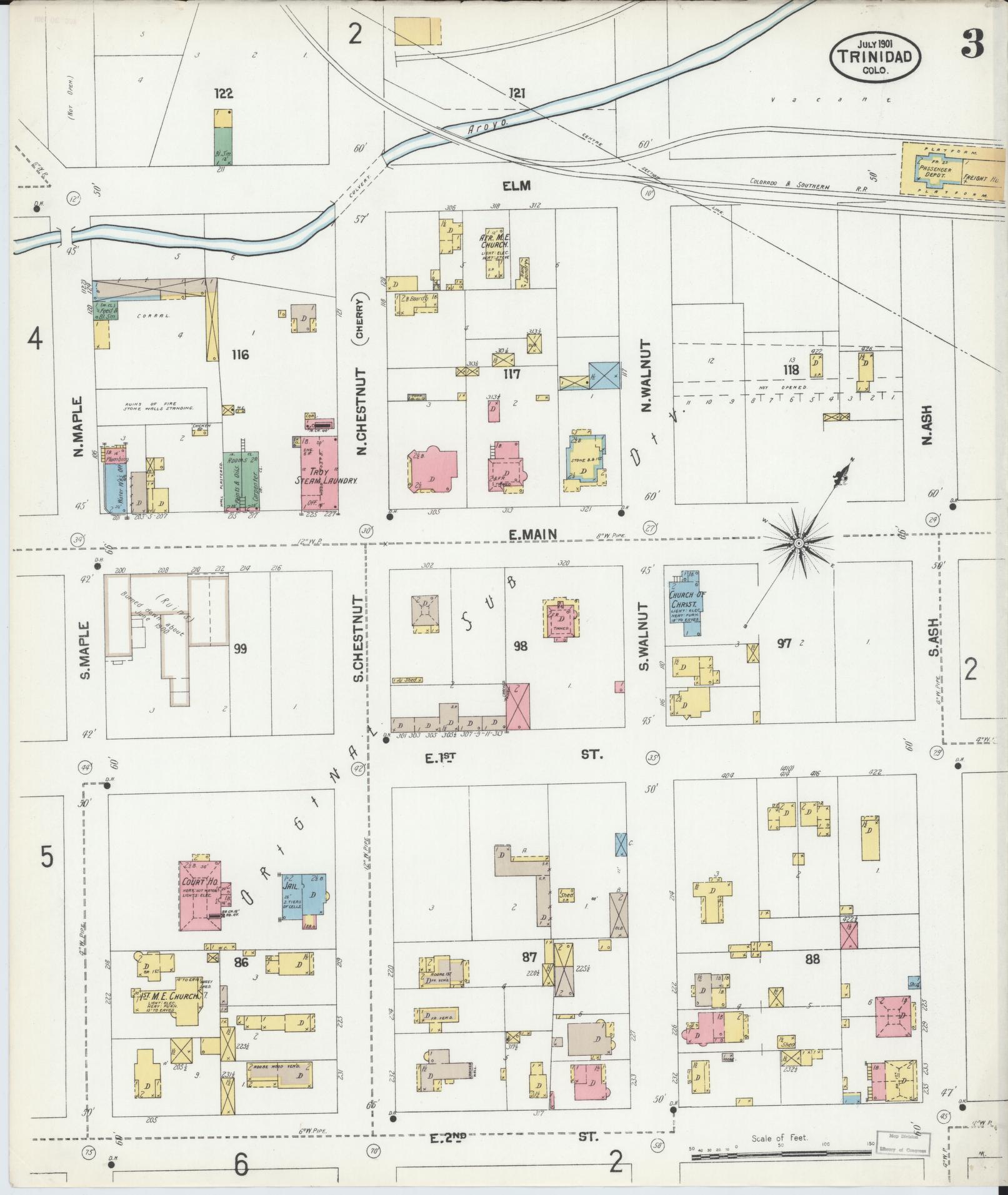 Sanborn Fire Insurance Map from Trinidad, Las Animas County, Colorado (1901), Sheet #0003 - Complete Map Set gallery image, historic Sanborn map, vintage wall art, Colorado Colorado