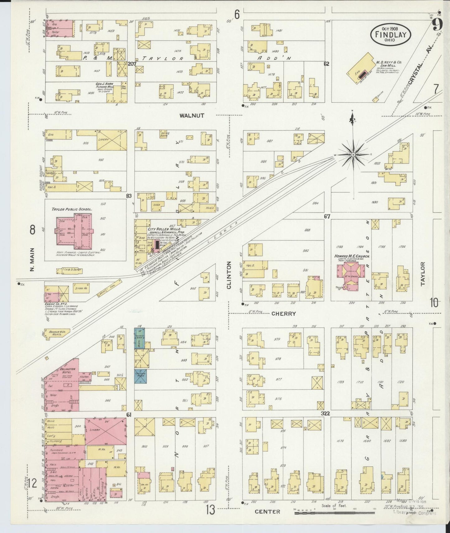 Sanborn Fire Insurance Map from Findlay, Hancock County, Ohio (1908), Sheet #0009 - Historic Sanborn Fire Insurance Map Print, vintage old map wall art, antique decor, genealogy gift, Ohio Ohio map
