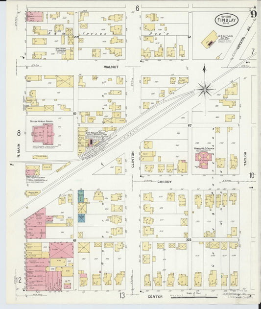 Sanborn Fire Insurance Map from Findlay, Hancock County, Ohio (1908), Sheet #0009 - Historic Sanborn Fire Insurance Map Print, vintage old map wall art, antique decor, genealogy gift, Ohio Ohio map
