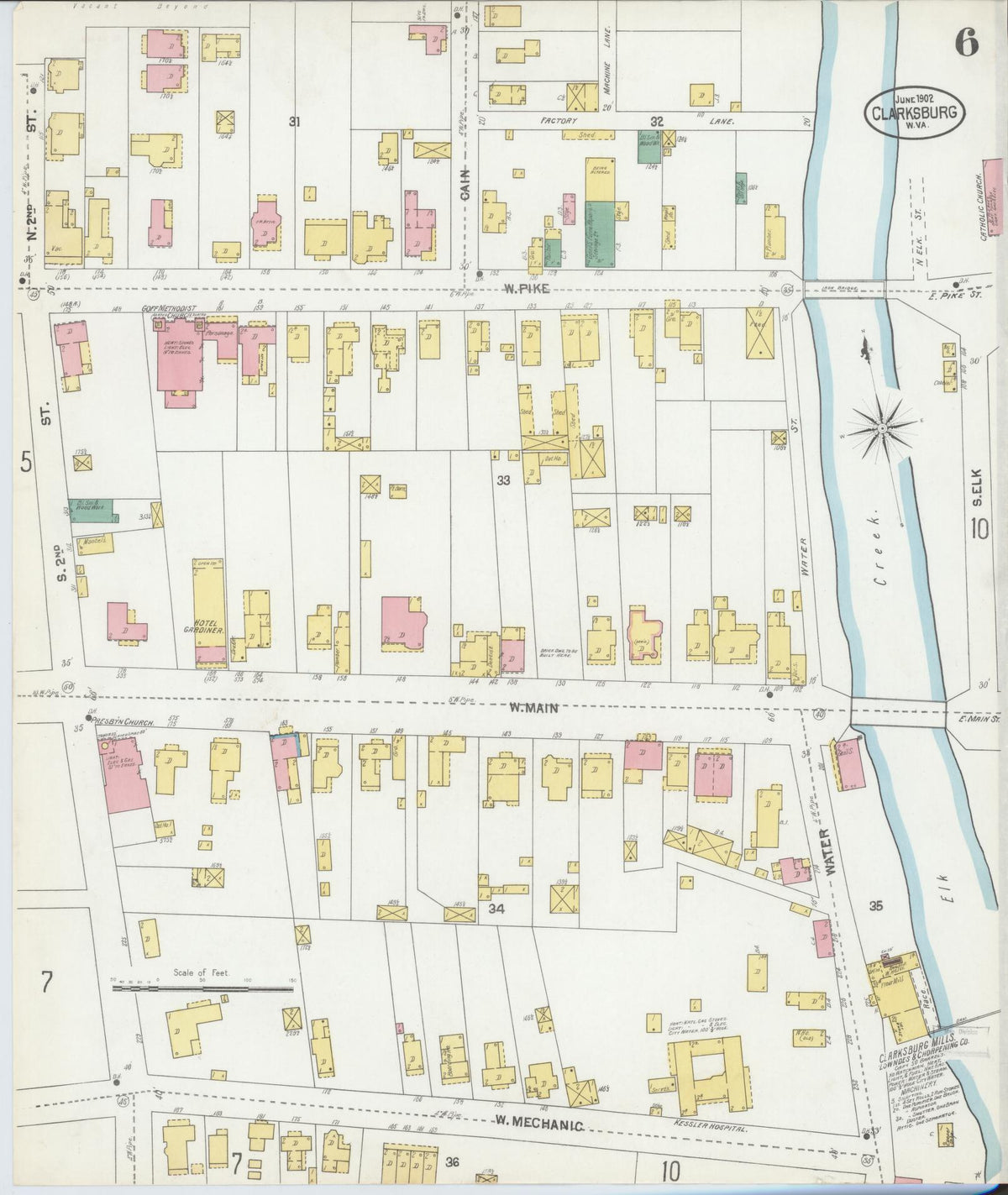 Sanborn Fire Insurance Map from Clarksburg, Harrison County, West Virginia (1902), Sheet #0006 - Historic Sanborn Fire Insurance Map Print, vintage old map wall art, antique decor, genealogy gift, West Virginia West Virginia map