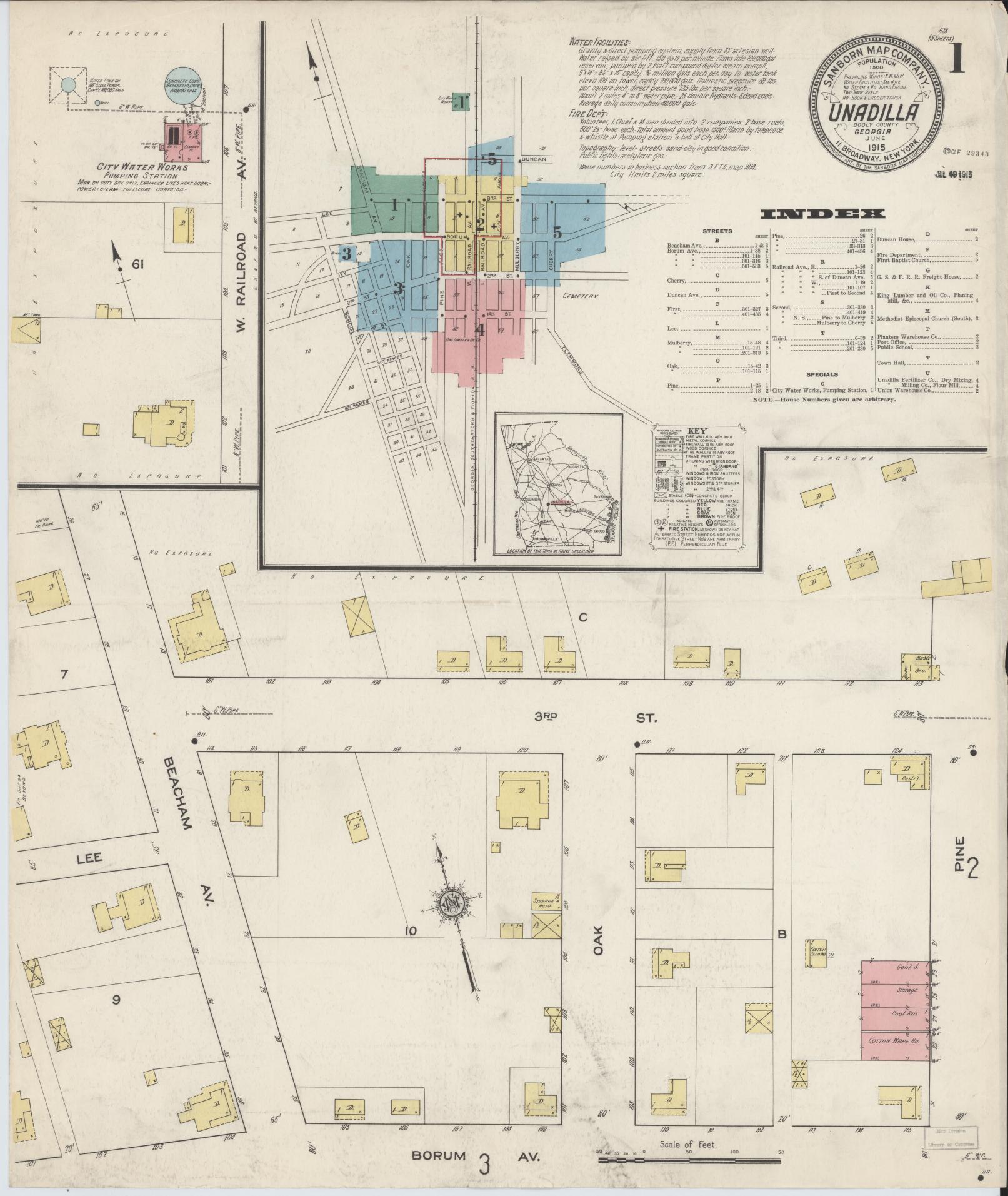 Sanborn Fire Insurance Map from Unadilla, Dooly County, Georgia (1915), Sheet #0001 - Historic Sanborn Fire Insurance Map Print, vintage old map wall art, antique decor, genealogy gift, Georgia Georgia map
