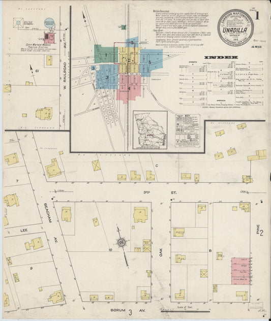 Sanborn Fire Insurance Map from Unadilla, Dooly County, Georgia (1915), Sheet #0001 - Historic Sanborn Fire Insurance Map Print, vintage old map wall art, antique decor, genealogy gift, Georgia Georgia map