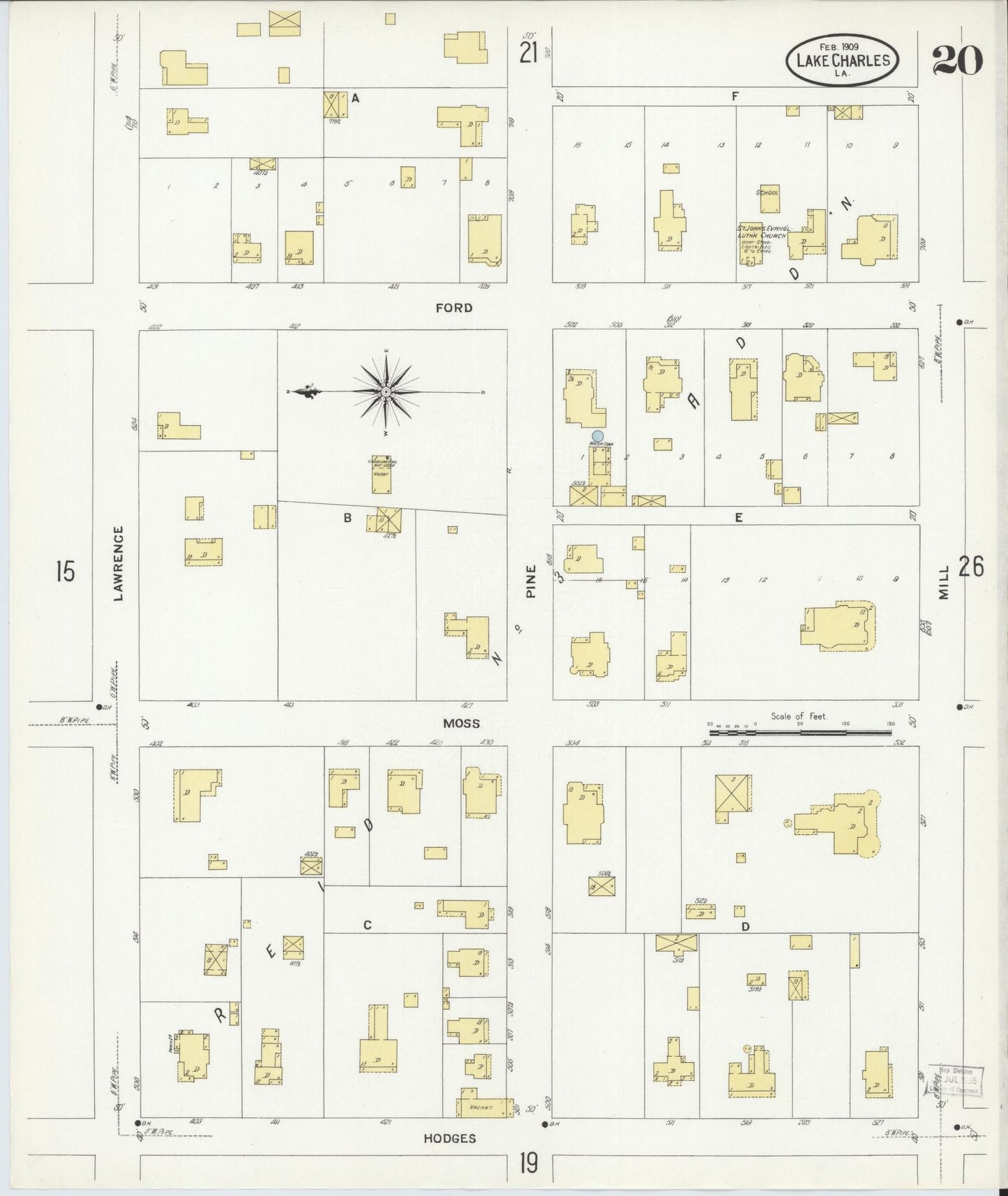 Sanborn Fire Insurance Map from Lake Charles, Calcasieu Parish, Louisiana (1909), Sheet #0020 - Complete Map Set gallery image, historic Sanborn map, vintage wall art, Louisiana Louisiana