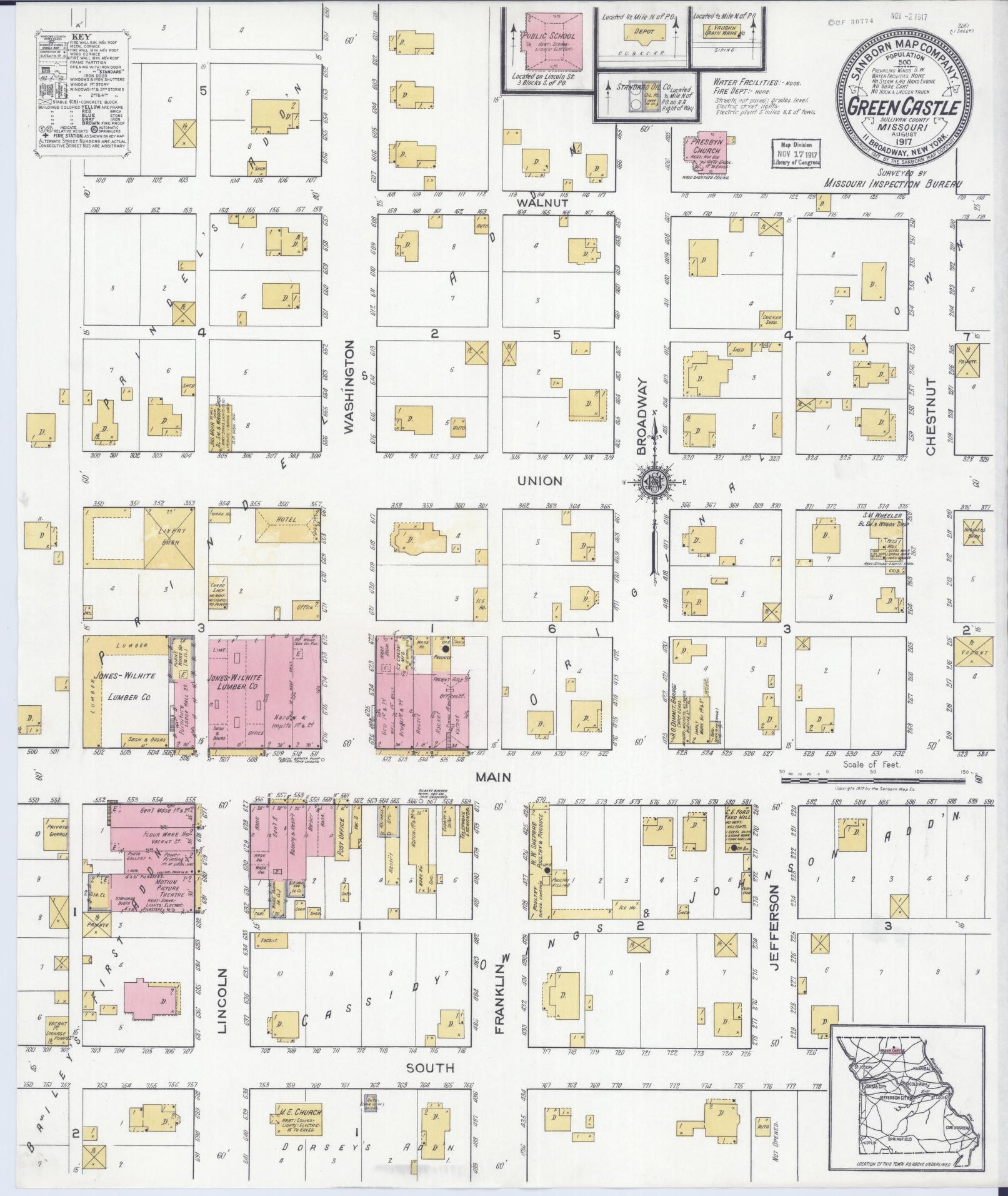 Sanborn Fire Insurance Map from Green Castle, Sullivan County, Missouri (1917), Sheet #0001 - Historic Sanborn Fire Insurance Map Print, vintage old map wall art, antique decor, genealogy gift, Missouri Missouri map