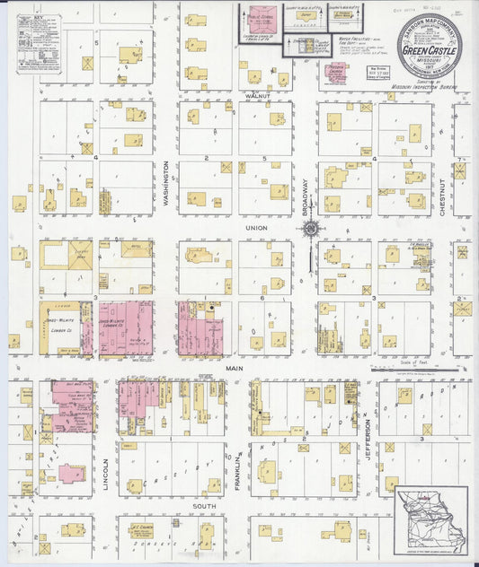 Sanborn Fire Insurance Map from Green Castle, Sullivan County, Missouri (1917), Sheet #0001 - Historic Sanborn Fire Insurance Map Print, vintage old map wall art, antique decor, genealogy gift, Missouri Missouri map