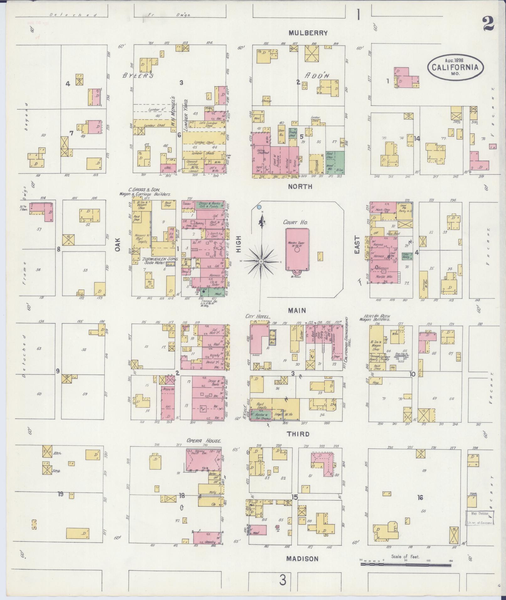 Sanborn Fire Insurance Map from California, Moniteau County, Missouri (1898), Sheet #0002 - Complete Map Set gallery image, historic Sanborn map, vintage wall art, Missouri Missouri