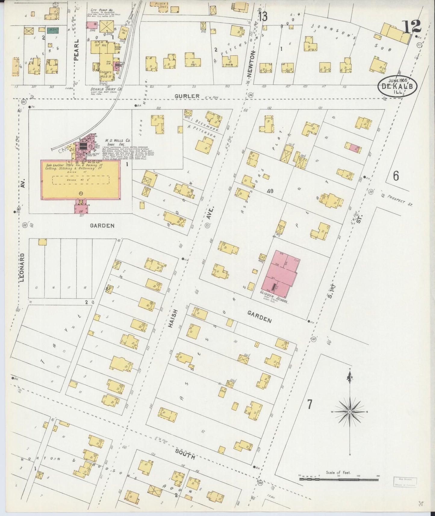 Sanborn Fire Insurance Map from De Kalb, De Kalb County, Illinois (1905), Sheet #0012 - Historic Sanborn Fire Insurance Map Print, vintage old map wall art, antique decor, genealogy gift, Illinois Illinois map
