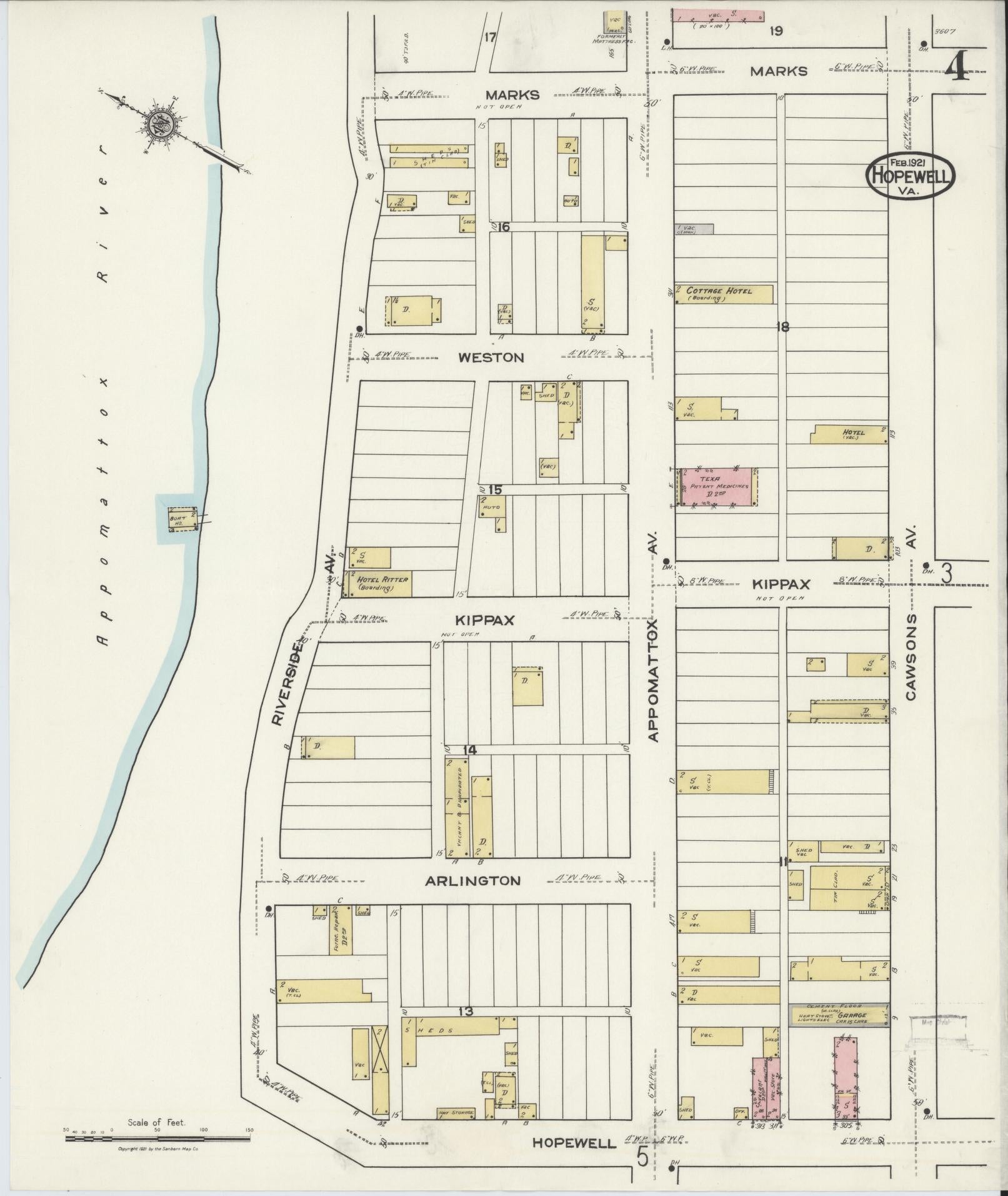 Sanborn Fire Insurance Map from Hopewell, Independent Cities, Virginia (1921), Sheet #0004 - Historic Sanborn Fire Insurance Map Print, vintage old map wall art, antique decor, genealogy gift, Virginia Virginia map