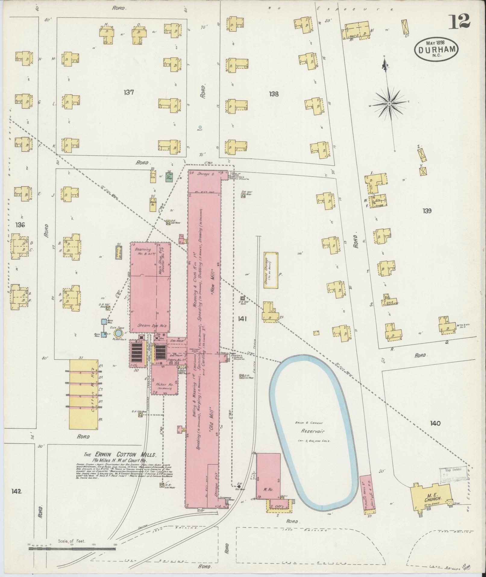 Sanborn Fire Insurance Map from Durham, Durham County, North Carolina (1898), Sheet #0012 - Historic Sanborn Fire Insurance Map Print, vintage old map wall art, antique decor, genealogy gift, North Carolina North Carolina map