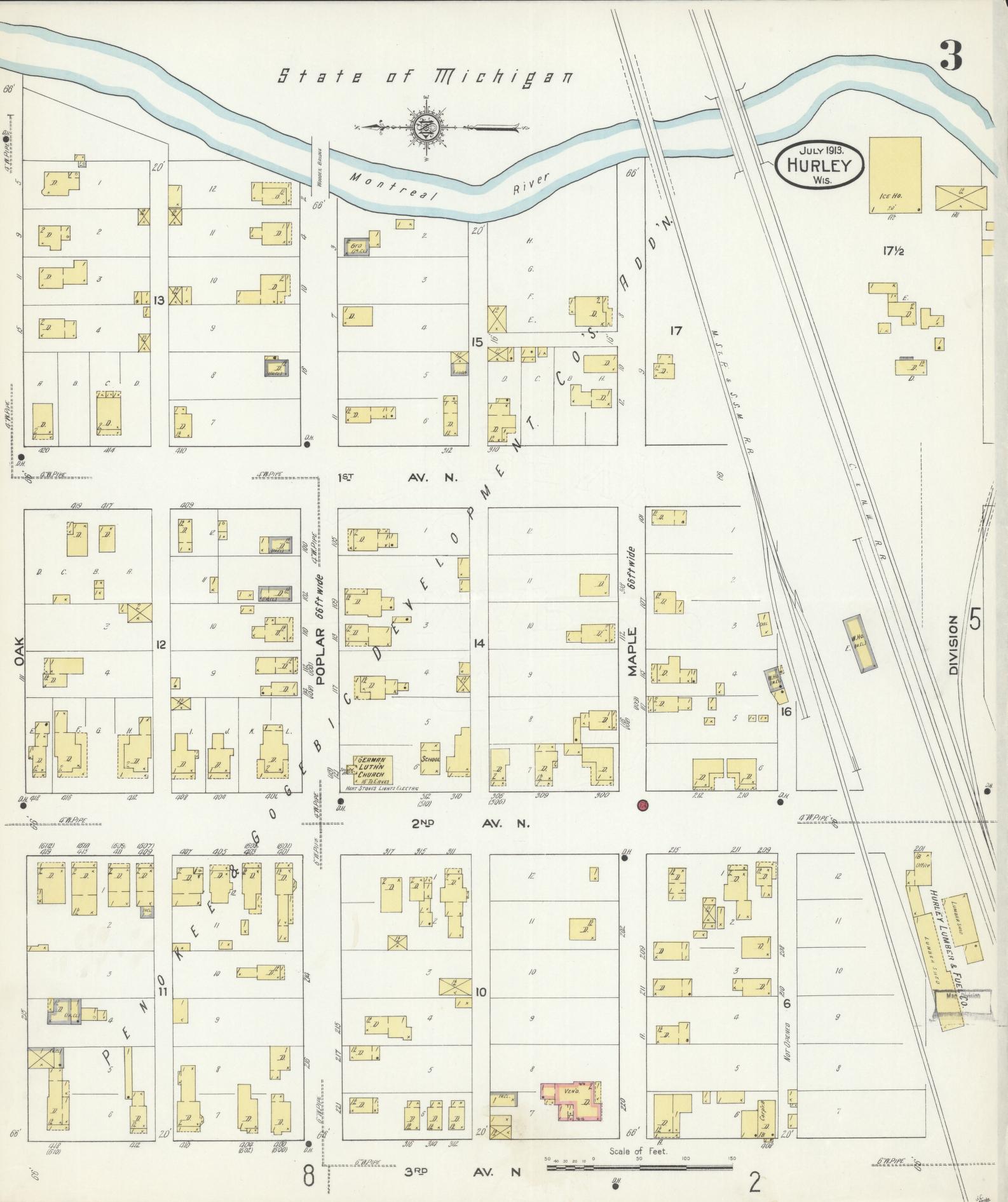 Sanborn Fire Insurance Map from Hurley, Iron County, Wisconsin (1913), Sheet #0003 - Historic Sanborn Fire Insurance Map Print, vintage old map wall art, antique decor, genealogy gift, Wisconsin Wisconsin map