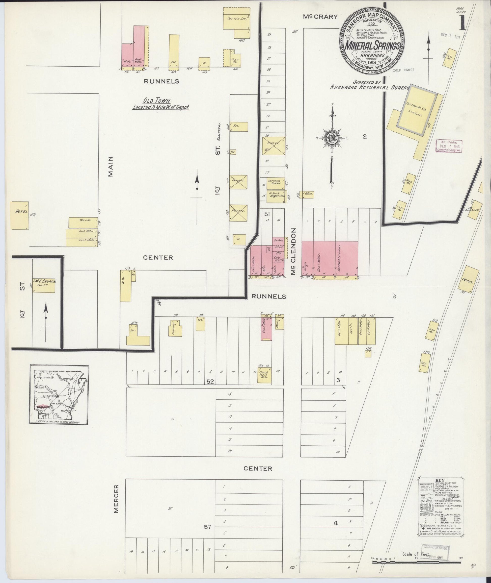 Sanborn Fire Insurance Map from Mineral Springs, Howard County, Arkansas (1913), Sheet #0001 - Historic Sanborn Fire Insurance Map Print, vintage old map wall art, antique decor, genealogy gift, Arkansas Arkansas map