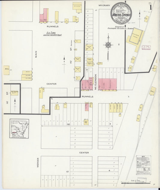 Sanborn Fire Insurance Map from Mineral Springs, Howard County, Arkansas (1913), Sheet #0001 - Historic Sanborn Fire Insurance Map Print, vintage old map wall art, antique decor, genealogy gift, Arkansas Arkansas map