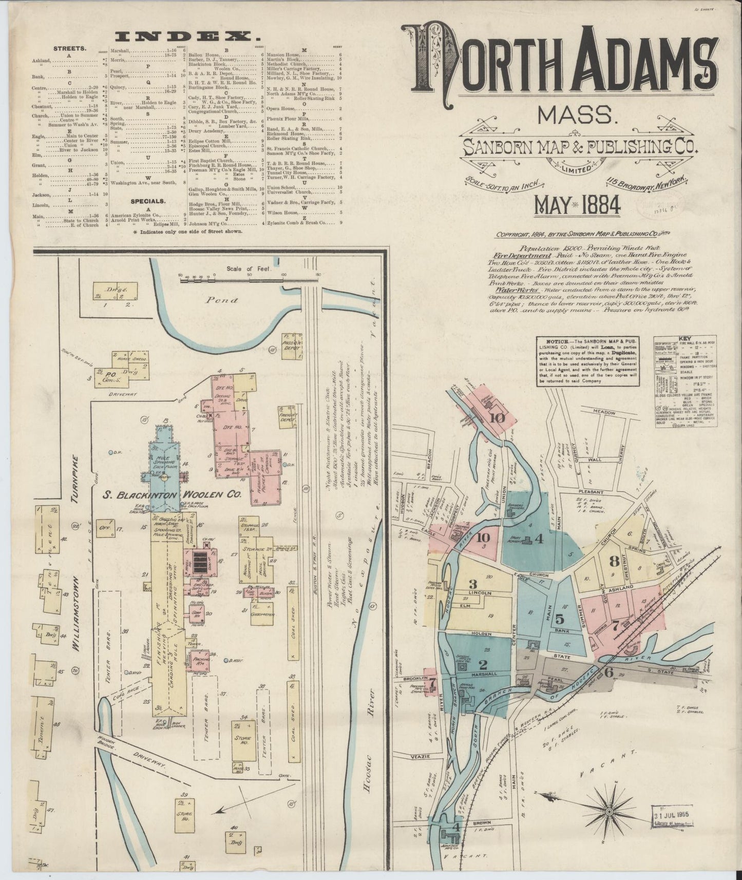 Sanborn Fire Insurance Map from North Adams, Berkshire County, Massachusetts (1884), Sheet #0001 - Historic Sanborn Fire Insurance Map Print, vintage old map wall art, antique decor, genealogy gift, Massachusetts Massachusetts map
