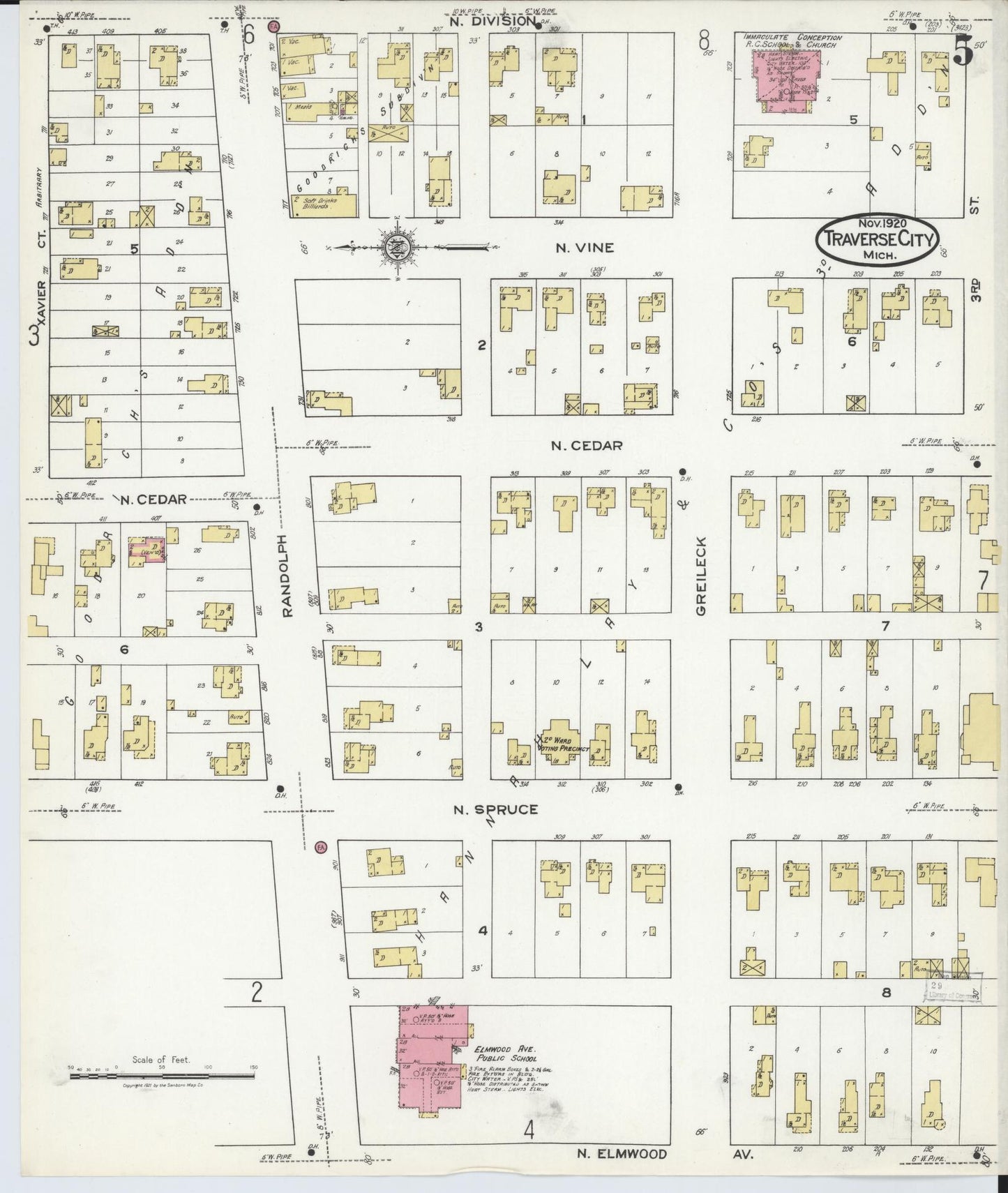 Sanborn Fire Insurance Map from Traverse City, Grand Traverse County, Michigan (1920), Sheet #0005 - Historic Sanborn Fire Insurance Map Print, vintage old map wall art, antique decor, genealogy gift, Michigan Michigan map