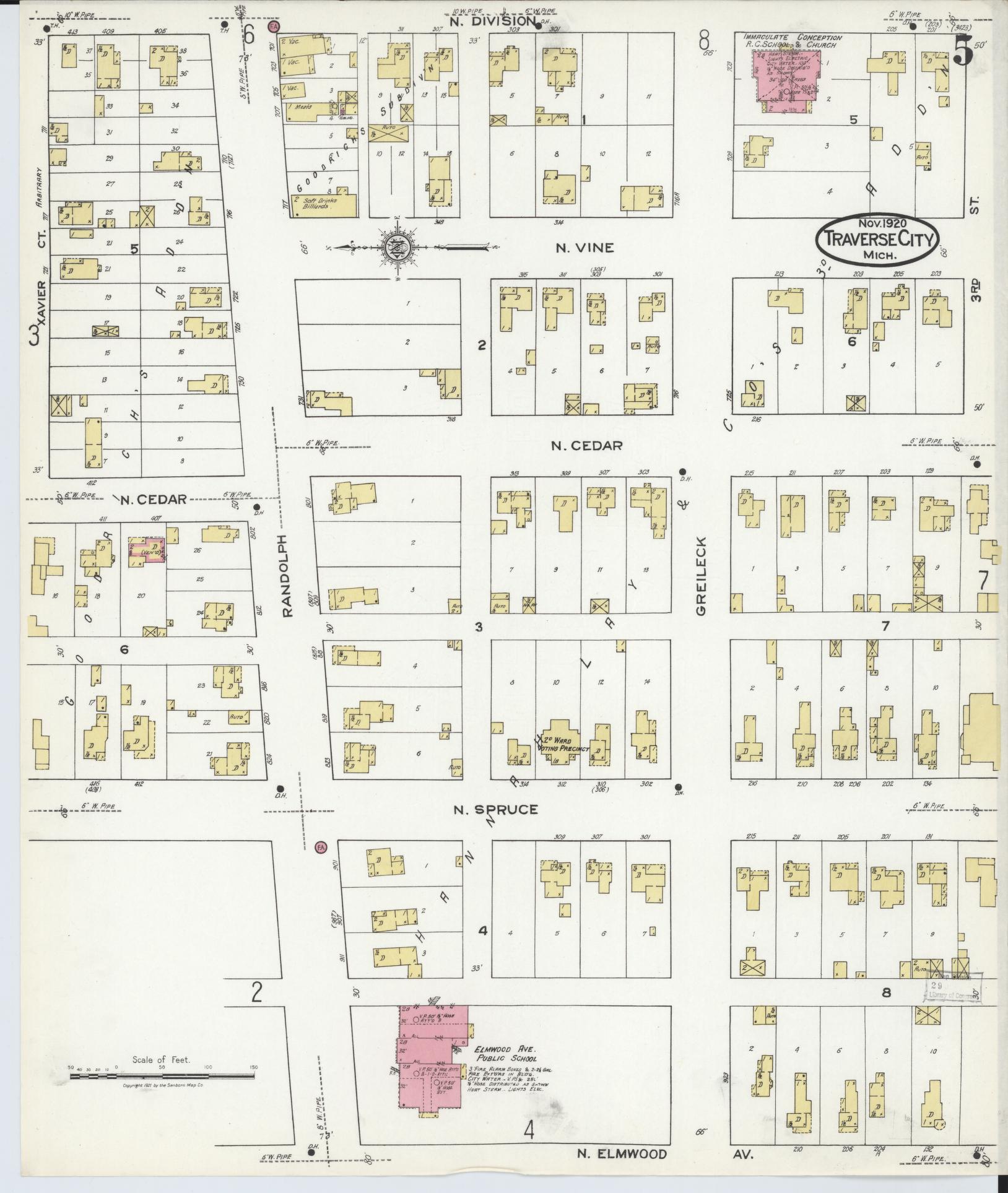 Sanborn Fire Insurance Map from Traverse City, Grand Traverse County, Michigan (1920), Sheet #0005 - Historic Sanborn Fire Insurance Map Print, vintage old map wall art, antique decor, genealogy gift, Michigan Michigan map