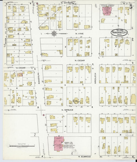 Sanborn Fire Insurance Map from Traverse City, Grand Traverse County, Michigan (1920), Sheet #0005 - Historic Sanborn Fire Insurance Map Print, vintage old map wall art, antique decor, genealogy gift, Michigan Michigan map