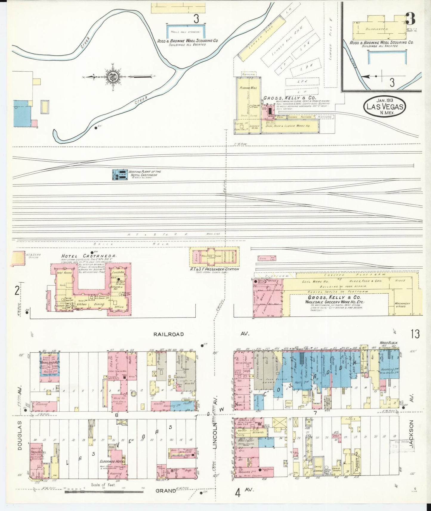 Sanborn Fire Insurance Map from Las Vegas, San Miguel County, New Mexico (1913), Sheet #0003 - Complete Map Set gallery image, historic Sanborn map, vintage wall art, New Mexico New Mexico