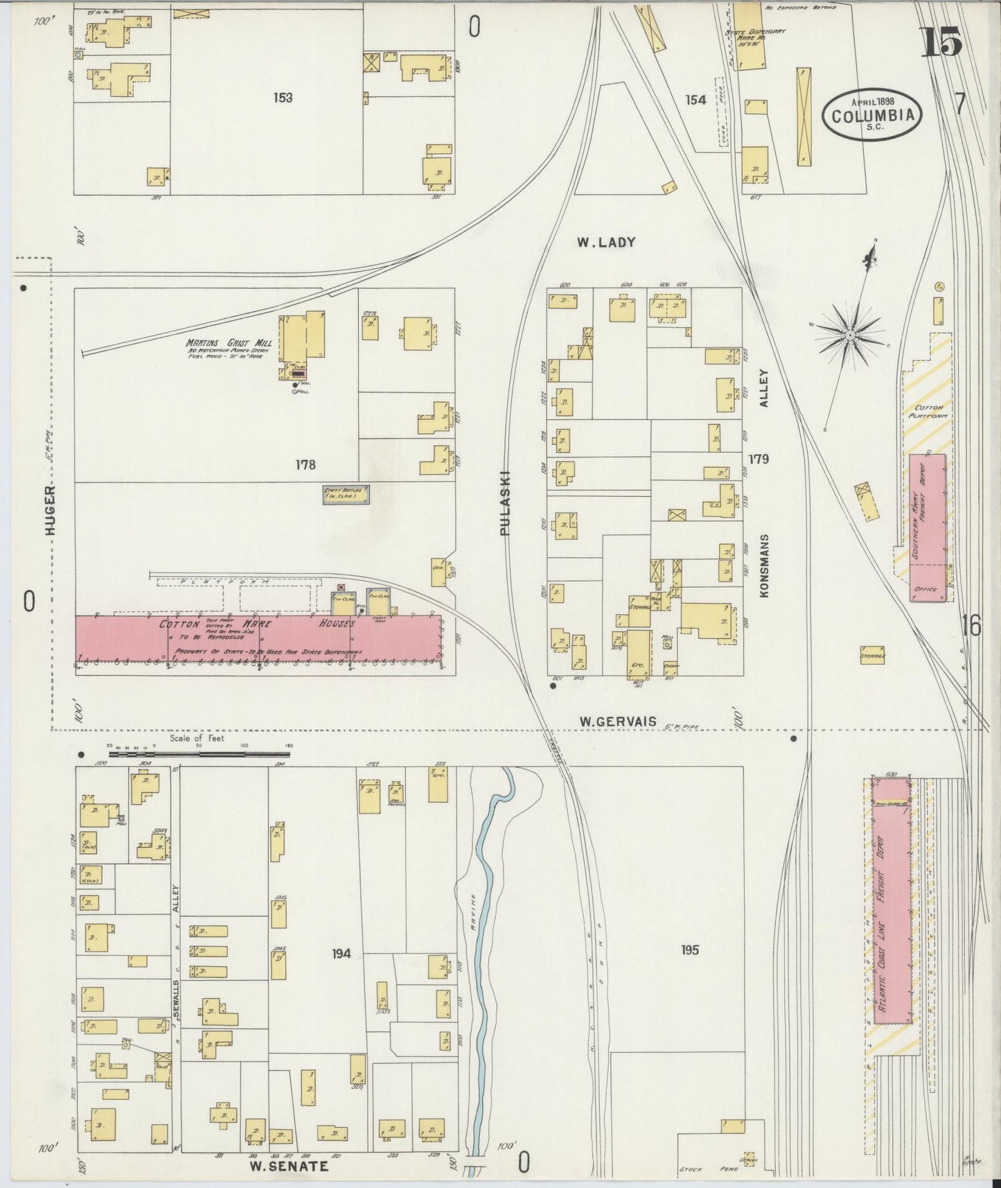 Sanborn Fire Insurance Map from Columbia, Richland County, South Carolina (1898), Sheet #0015 - Complete Map Set gallery image, historic Sanborn map, vintage wall art, South Carolina South Carolina