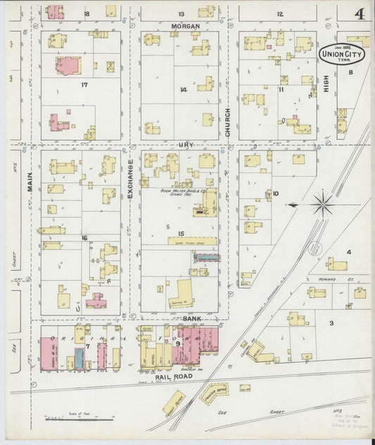 Sanborn Fire Insurance Map from Union City, Obion County, Tennessee (1892), Sheet #0004 - Historic Sanborn Fire Insurance Map Print, vintage old map wall art, antique decor, genealogy gift, Tennessee Tennessee map