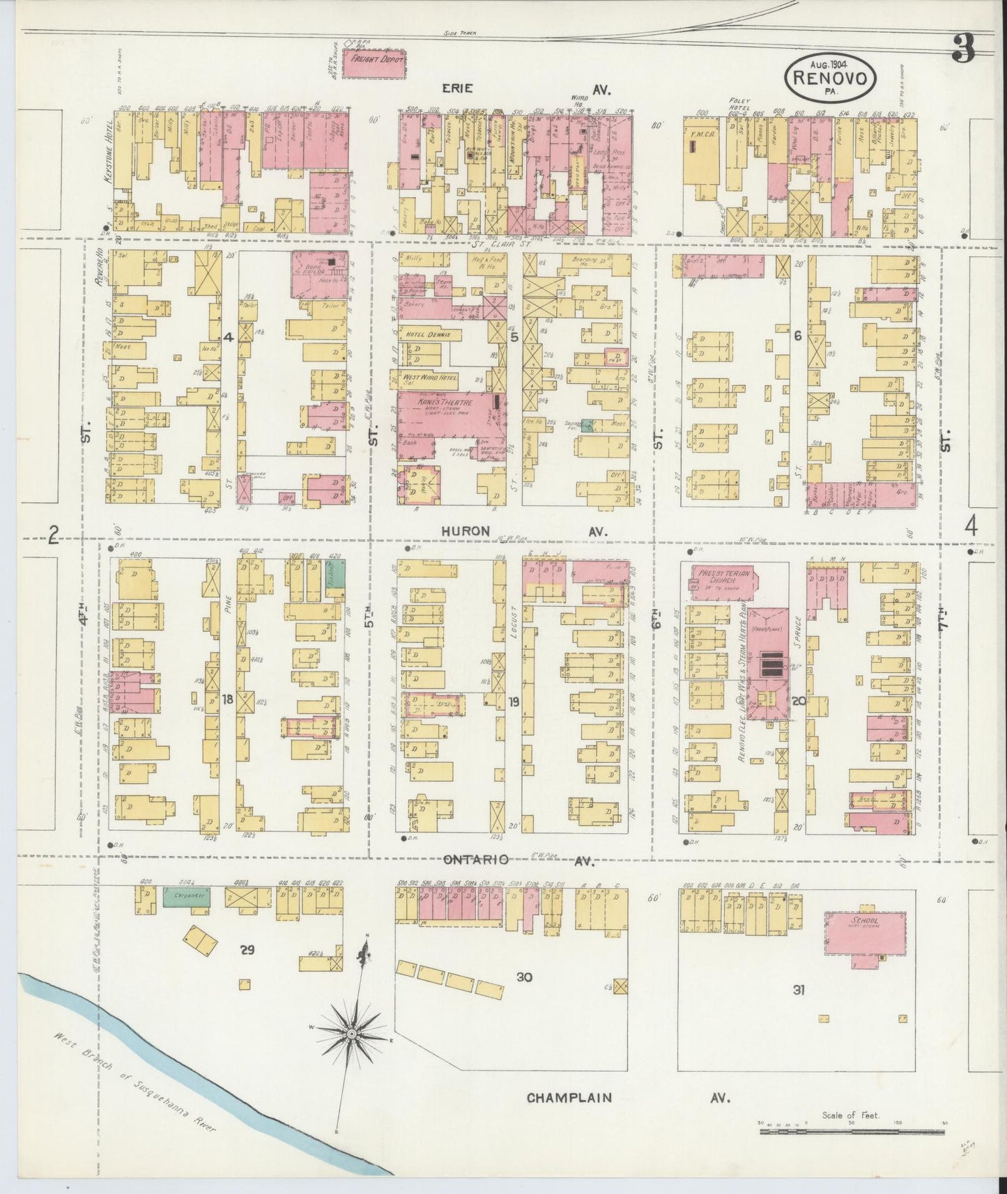 Sanborn Fire Insurance Map from Renovo, Clinton County, Pennsylvania (1904), Sheet #0003 - Complete Map Set gallery image, historic Sanborn map, vintage wall art, Pennsylvania Pennsylvania
