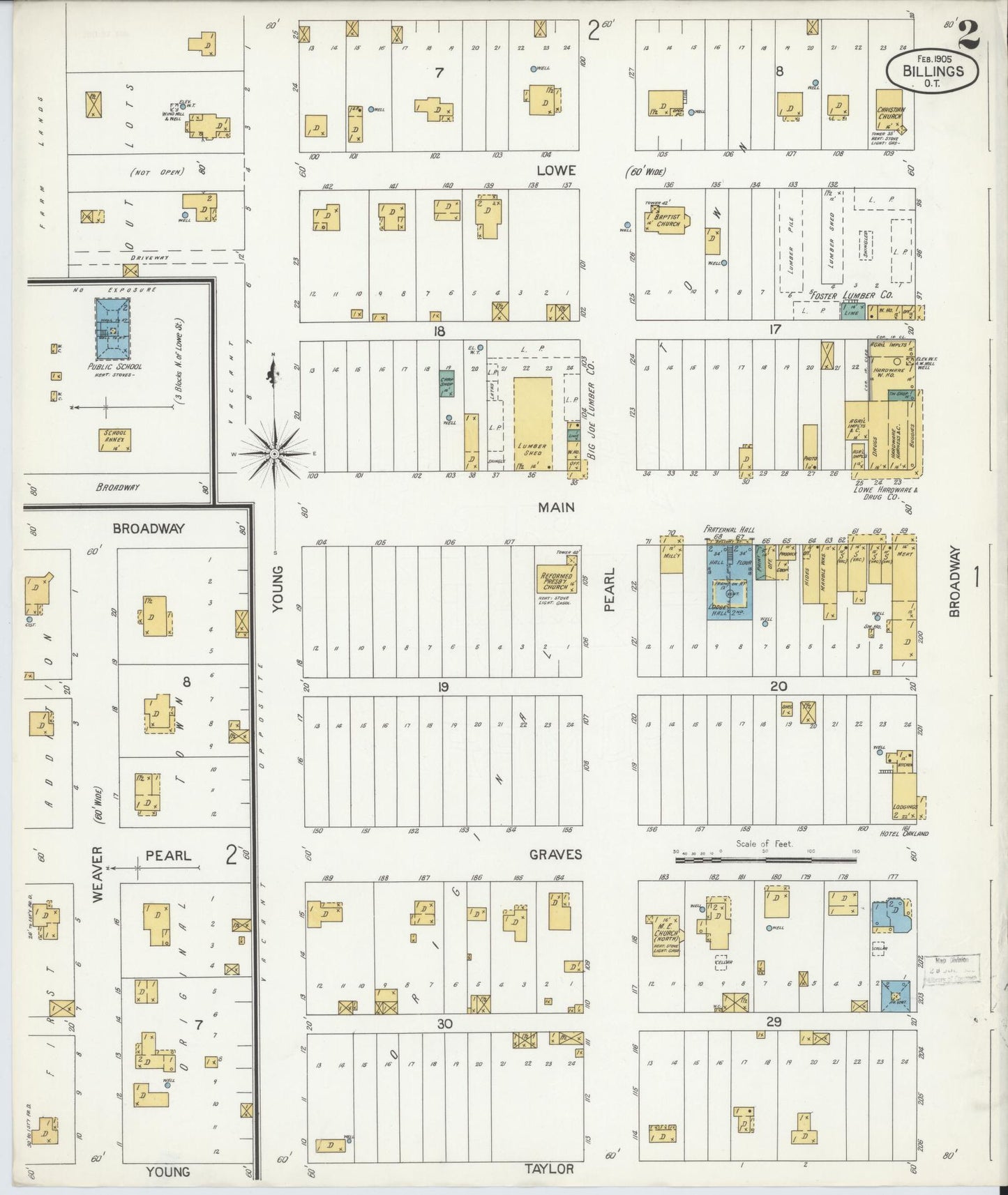Sanborn Fire Insurance Map from Billings, Noble County, Oklahoma (1905), Sheet #0002 - Historic Sanborn Fire Insurance Map Print, vintage old map wall art, antique decor, genealogy gift, Oklahoma Oklahoma map