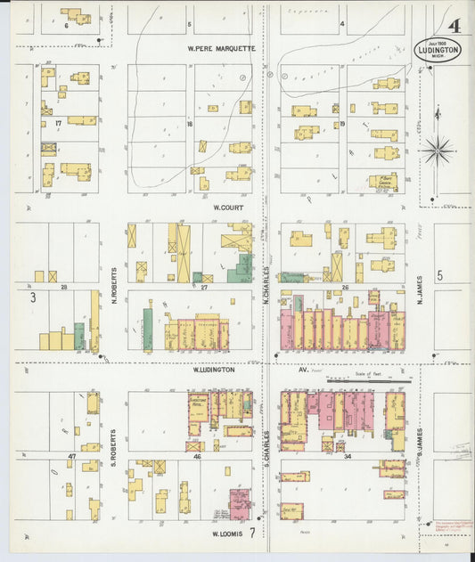 Sanborn Fire Insurance Map from Ludington, Mason County, Michigan (1900), Sheet #0004 - Historic Sanborn Fire Insurance Map Print, vintage old map wall art, antique decor, genealogy gift, Michigan Michigan map