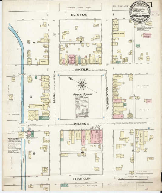 Sanborn Fire Insurance Map from Marengo, Iowa County, Iowa (1885), Sheet #0001 - Historic Sanborn Fire Insurance Map Print, vintage old map wall art