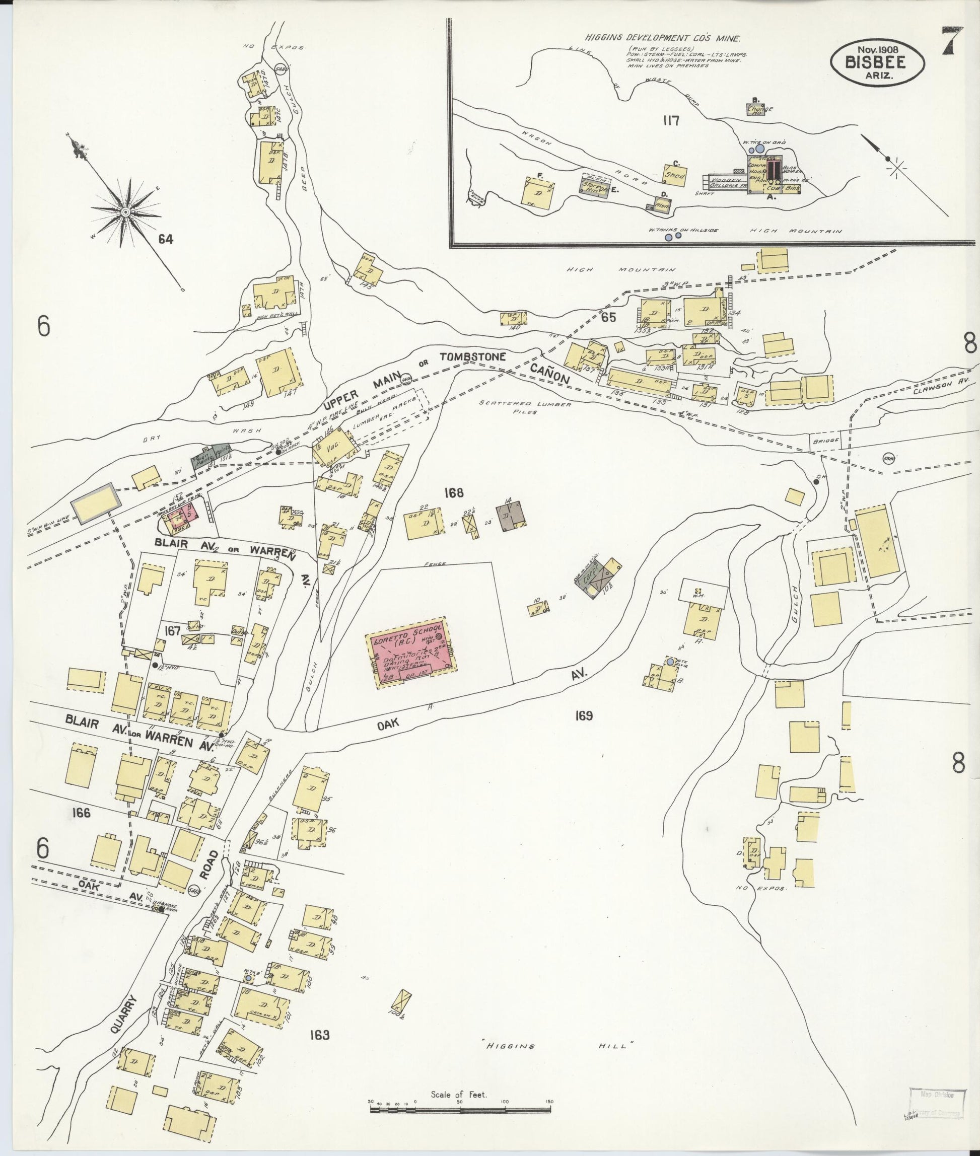 Sanborn Fire Insurance Map from Bisbee, Cochise County, Arizona (1908), Sheet #0007 - Historic Sanborn Fire Insurance Map Print, vintage old map wall art, antique decor, genealogy gift, Arizona Arizona map