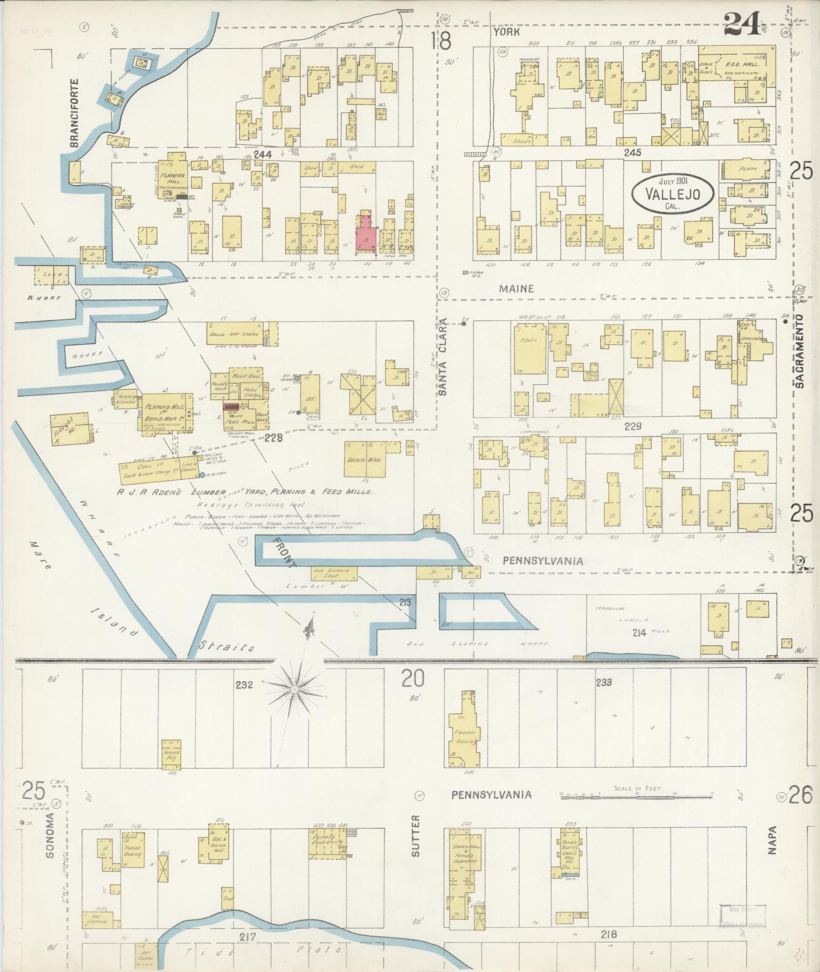 Sanborn Fire Insurance Map from Vallejo, Solano County, California (1901), Sheet #0024 - Complete Map Set gallery image, historic Sanborn map, vintage wall art, California California