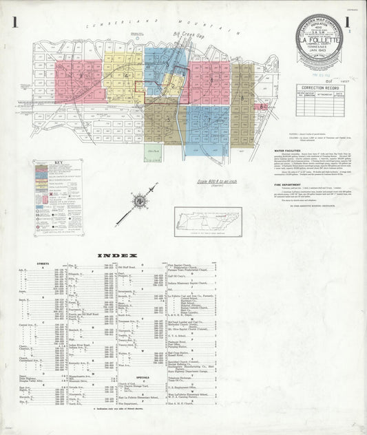Sanborn Fire Insurance Map from La Follette, Campbell County, Tennessee (1943), Sheet #0001 - Complete Map Set gallery image, historic Sanborn map, vintage wall art, Tennessee Tennessee