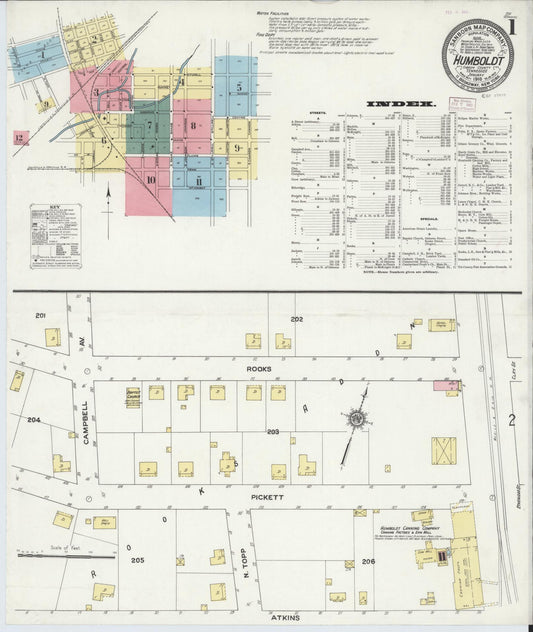 Sanborn Fire Insurance Map from Humboldt, Gibson County, Tennessee (1910), Sheet #0001 - Historic Sanborn Fire Insurance Map Print, vintage old map wall art, antique decor, genealogy gift, Tennessee Tennessee map