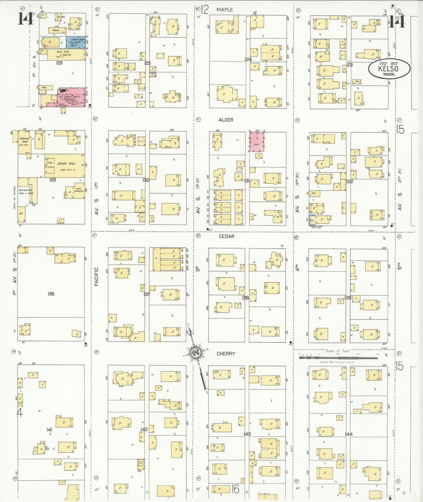 Sanborn Fire Insurance Map from Kelso, Cowlitz County, Washington (1927), Sheet #0014 - Complete Map Set gallery image, historic Sanborn map, vintage wall art, Washington Washington