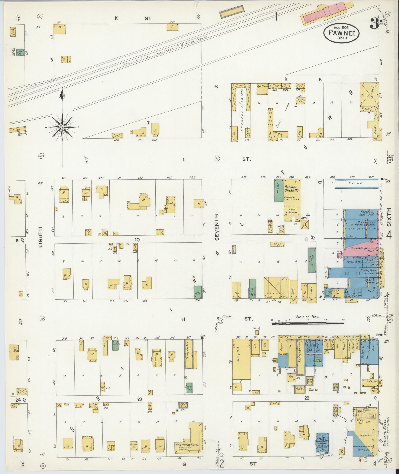 Sanborn Fire Insurance Map from Pawnee, Pawnee County, Oklahoma (1908), Sheet #0003 - Historic Sanborn Fire Insurance Map Print, vintage old map wall art, antique decor, genealogy gift, Oklahoma Oklahoma map