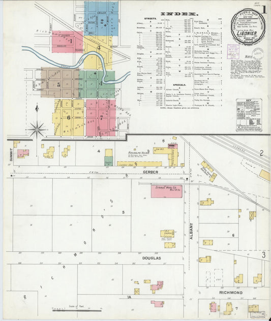 Sanborn Fire Insurance Map from Ligonier, Noble County, Indiana (1901), Sheet #0001 - Complete Map Set gallery image, historic Sanborn map, vintage wall art, Indiana Indiana